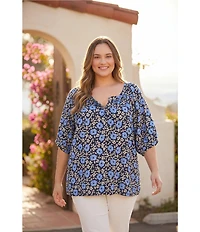Karen Kane Plus Size Floral Scoop Neck 3/4 Sleeve Peasant Top