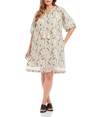 Karen Kane Plus Size Floral Split V-Neck Puff Sleeve Tassel Ties Shift Dress