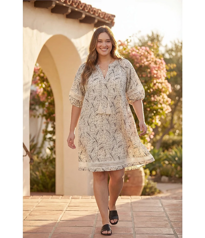 Karen Kane Plus Size Floral Split V-Neck Puff Sleeve Tassel Ties Shift Dress