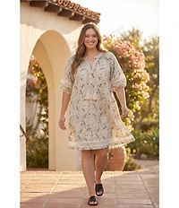 Karen Kane Plus Size Floral Split V-Neck Puff Sleeve Tassel Ties Shift Dress