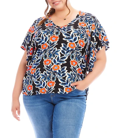 Karen Kane Plus Size Floral V-Neck Short Flutter Sleeve Top