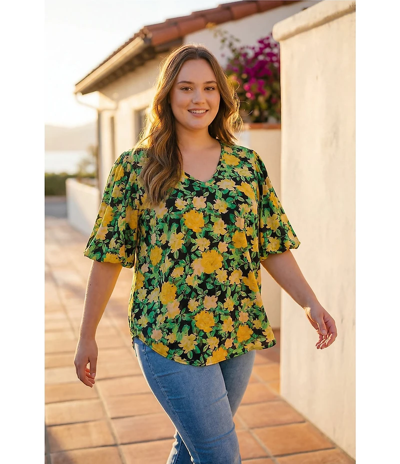 Karen Kane Plus Size Golden Rose Print V-Neck Elbow Puff Sleeves Tunic