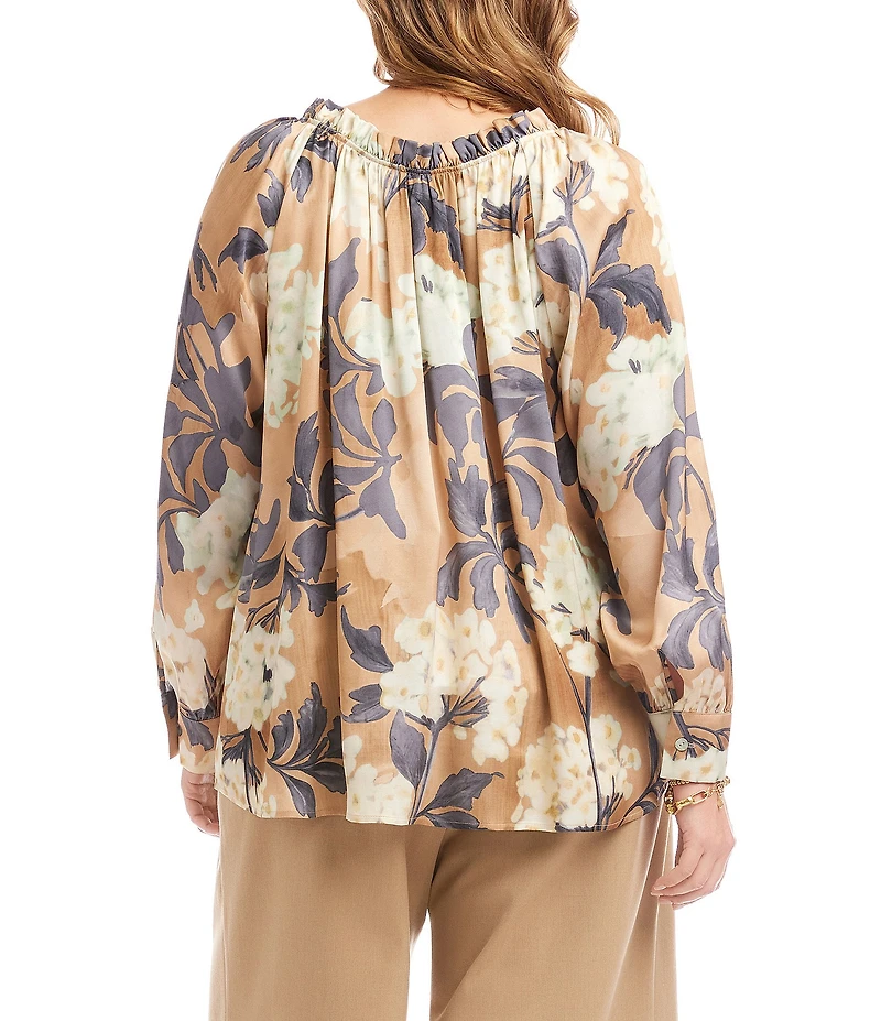Karen Kane Plus Size Hydrangea Floral Print Satin Ruffle Tie Split-Vneck Long Sleeve Peasant Top