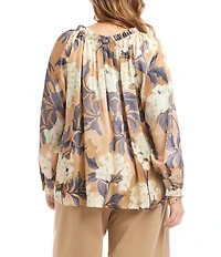 Karen Kane Plus Size Hydrangea Floral Print Satin Ruffle Tie Split-Vneck Long Sleeve Peasant Top