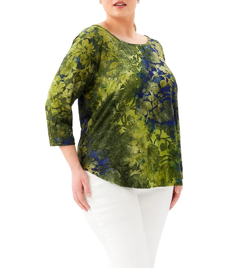 Karen Kane Plus Size Jacquard Burnout Knit Tie-Dye Scoop Neck 3/4 Sleeve Top
