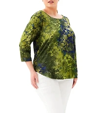 Karen Kane Plus Size Jacquard Burnout Knit Tie-Dye Scoop Neck 3/4 Sleeve Top