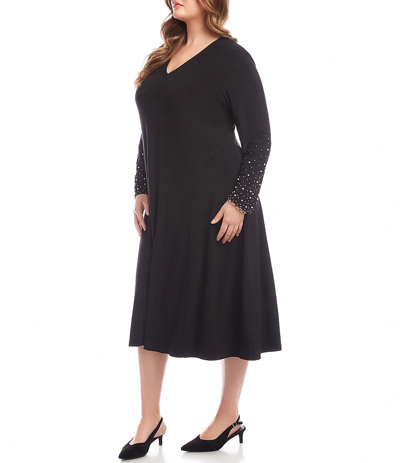 Karen Kane Plus Size Kate V-Neck Embellished Long Sleeve A-Line Midi Dress