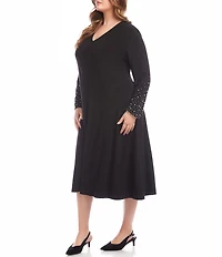 Karen Kane Plus Size Kate V-Neck Embellished Long Sleeve A-Line Midi Dress