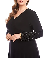 Karen Kane Plus Size Kate V-Neck Embellished Long Sleeve A-Line Midi Dress