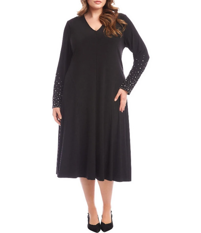 Karen Kane Plus Size Kate V-Neck Embellished Long Sleeve A-Line Midi Dress