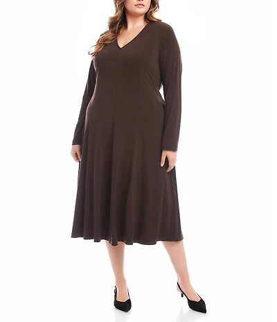 Karen Kane Plus Size Kate V-Neck Long Sleeve A-Line Midi Travel Dress