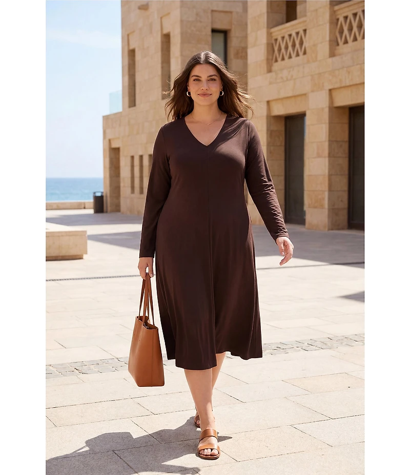 Karen Kane Plus Size Kate V-Neck Long Sleeve A-Line Midi Travel Dress