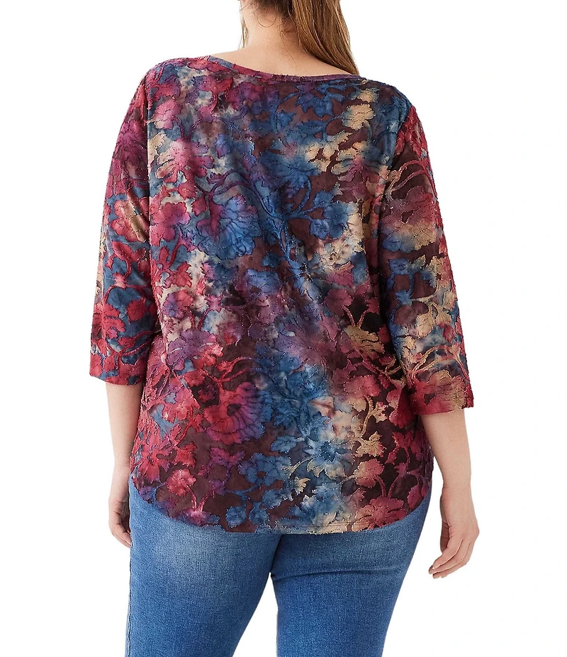 Karen Kane Plus Size Knit Floral Tie-Dye Burnout Scoop Neck 3/4 Sleeve Top