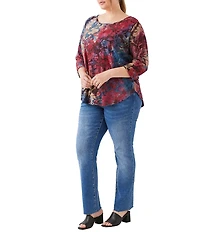 Karen Kane Plus Size Knit Floral Tie-Dye Burnout Scoop Neck 3/4 Sleeve Top