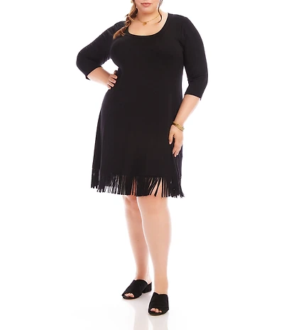 Karen Kane Plus Size Knit Jersey Scoop Neck 3/4 Sleeve Fringe Hem Dress