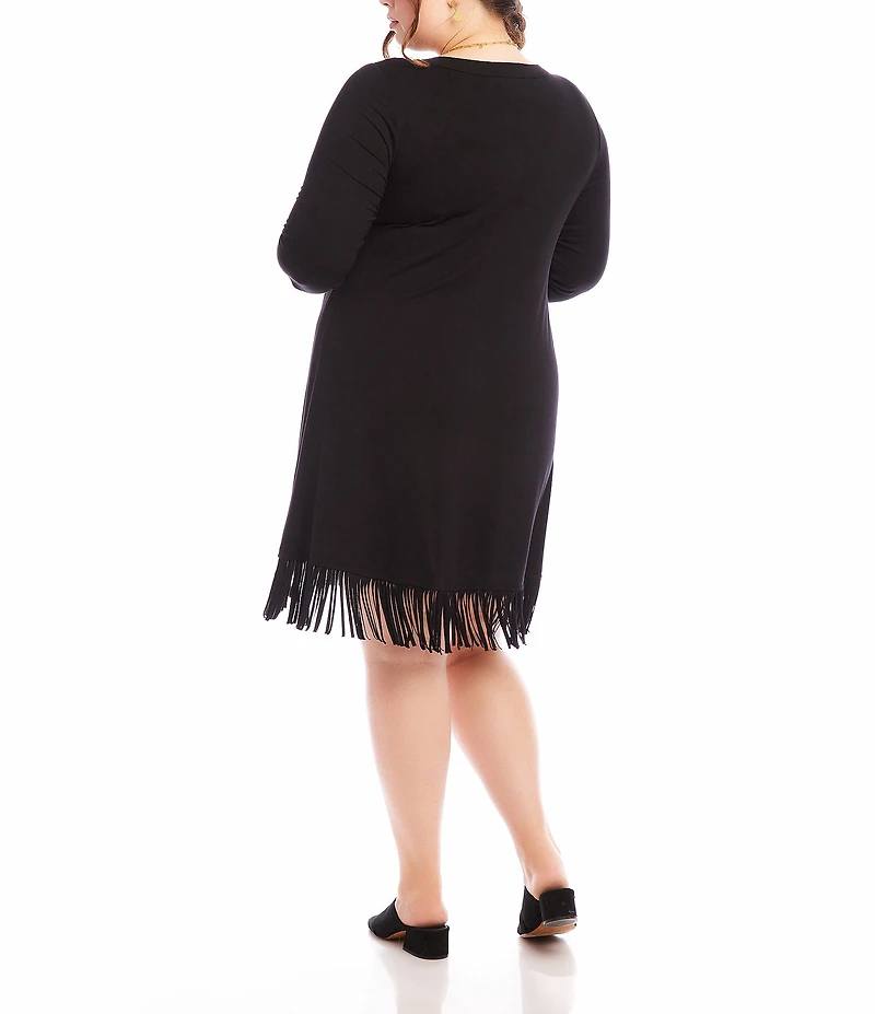 Karen Kane Plus Size Knit Jersey Scoop Neck 3/4 Sleeve Fringe Hem Dress