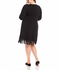 Karen Kane Plus Size Knit Jersey Scoop Neck 3/4 Sleeve Fringe Hem Dress