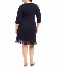 Karen Kane Plus Size Knit Jersey Scoop Neck 3/4 Sleeve Fringe Hem Dress