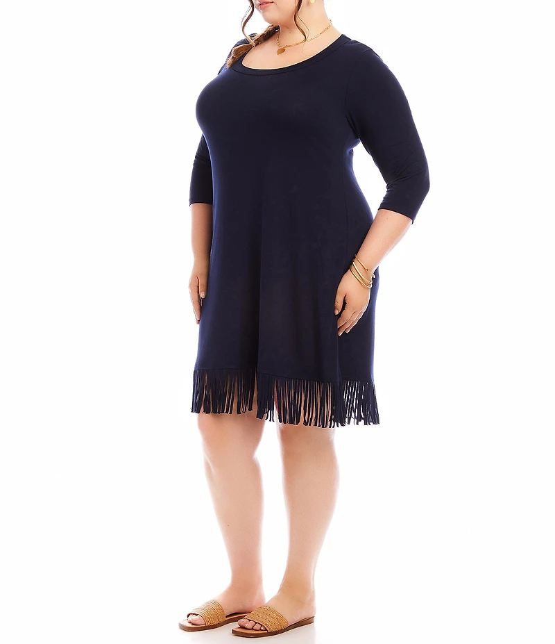 Karen Kane Plus Size Knit Jersey Scoop Neck 3/4 Sleeve Fringe Hem Dress