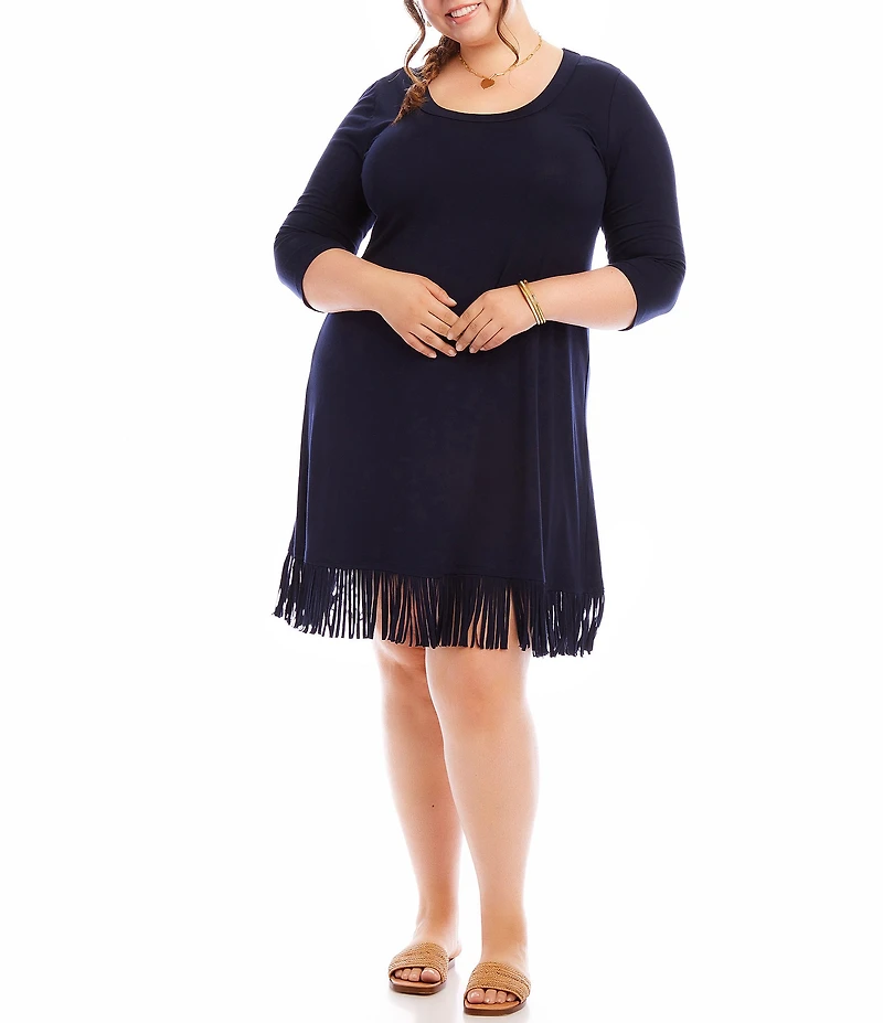Karen Kane Plus Size Knit Jersey Scoop Neck 3/4 Sleeve Fringe Hem Dress