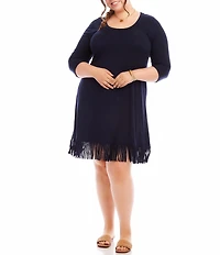 Karen Kane Plus Size Knit Jersey Scoop Neck 3/4 Sleeve Fringe Hem Dress