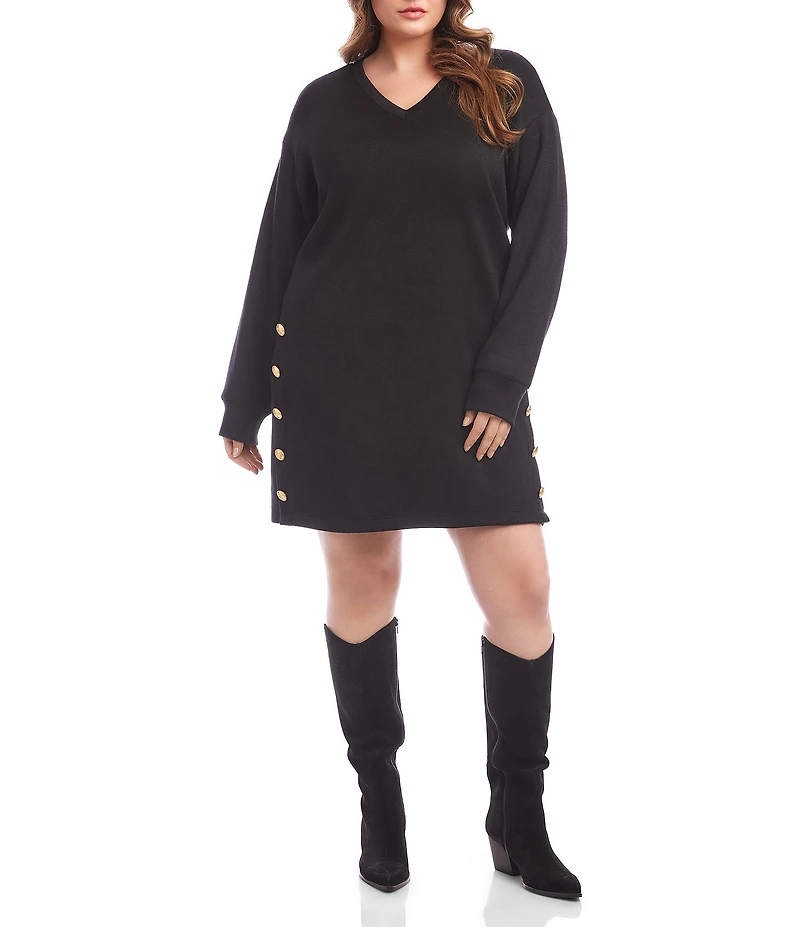 Karen Kane Plus Size Knit Long Sleeve V-Neck Button Detail Dress