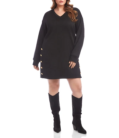 Karen Kane Plus Size Knit Long Sleeve V-Neck Button Detail Dress