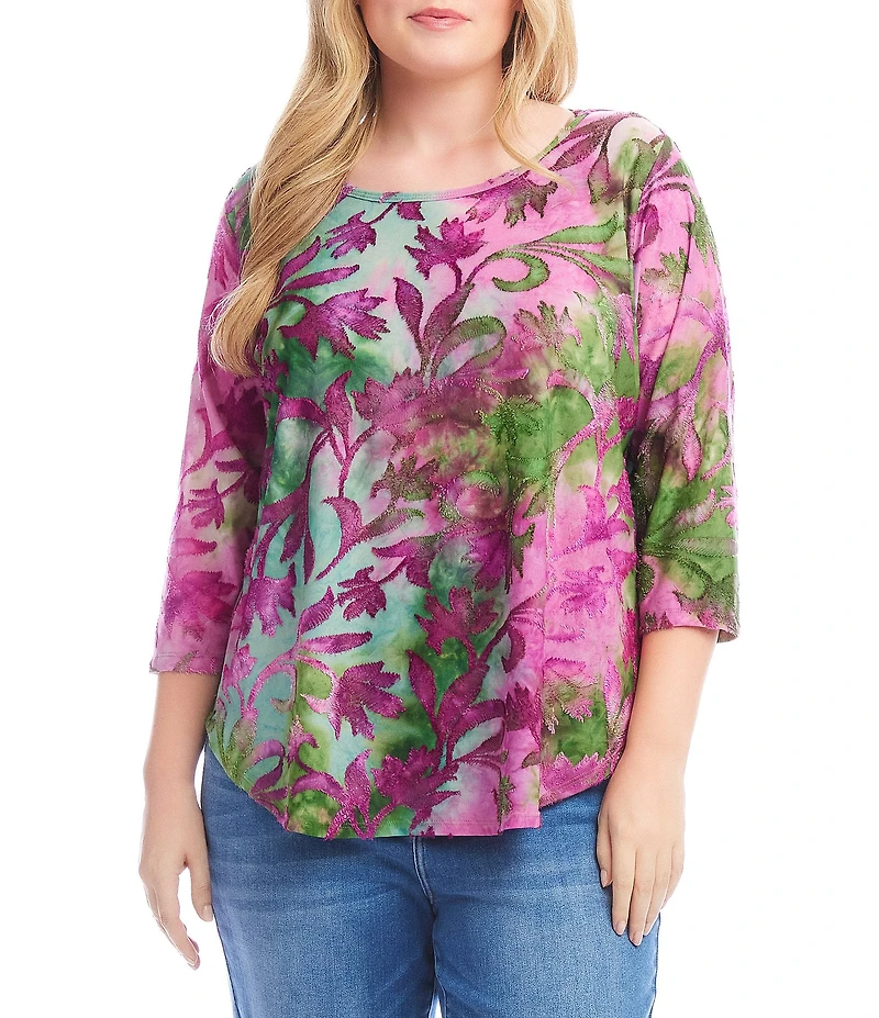 Karen Kane Plus Size Knit Tie-Dye Burnout Floral Print Scoop Neck 3/4 Sleeve Top