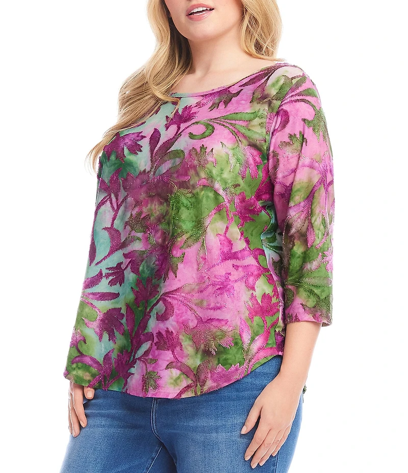 Karen Kane Plus Size Knit Tie-Dye Burnout Floral Print Scoop Neck 3/4 Sleeve Top