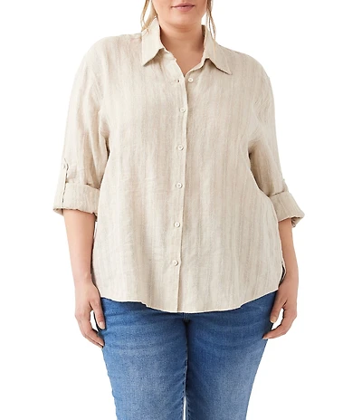 Karen Kane Plus Size Leno Weave Stripe Point Collar Long Roll-Tab Sleeve Button Front Shirt