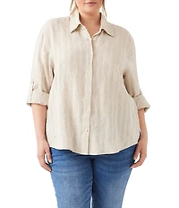 Karen Kane Plus Size Leno Weave Stripe Point Collar Long Roll-Tab Sleeve Button Front Shirt