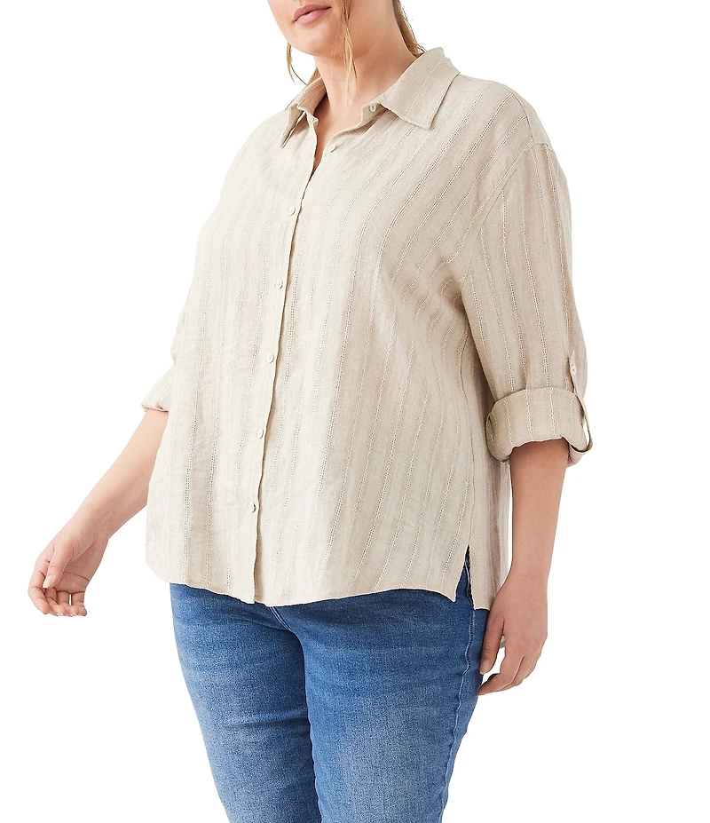 Karen Kane Plus Size Leno Weave Stripe Point Collar Long Roll-Tab Sleeve Button Front Shirt