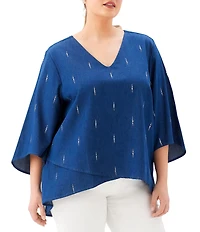 Karen Kane Plus Size Lightweight Denim Embellished V-Neck 3/4 Bracelet Length Asymmetric Top