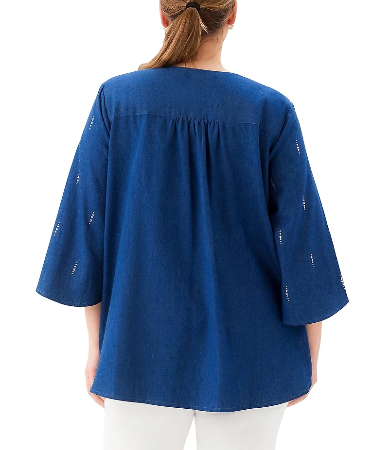 Karen Kane Plus Size Lightweight Denim Embellished V-Neck 3/4 Bracelet Length Asymmetric Top
