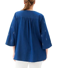 Karen Kane Plus Size Lightweight Denim Embellished V-Neck 3/4 Bracelet Length Asymmetric Top