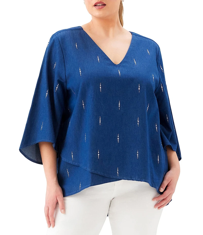 Karen Kane Plus Size Lightweight Denim Embellished V-Neck 3/4 Bracelet Length Asymmetric Top