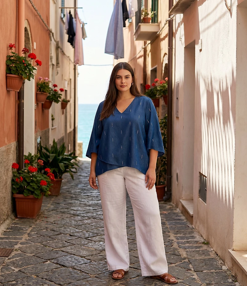 Karen Kane Plus Size Lightweight Denim Embellished V-Neck 3/4 Bracelet Length Asymmetric Top