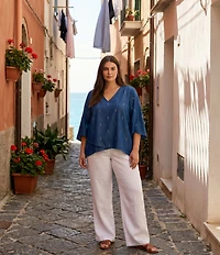Karen Kane Plus Size Lightweight Denim Embellished V-Neck 3/4 Bracelet Length Asymmetric Top
