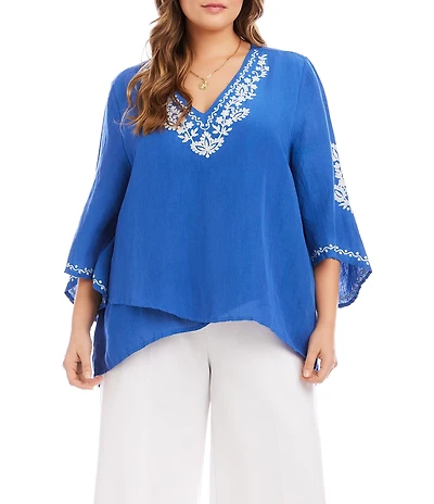 Karen Kane Plus Size Linen-Blend Embroidered Asymmetrical Top