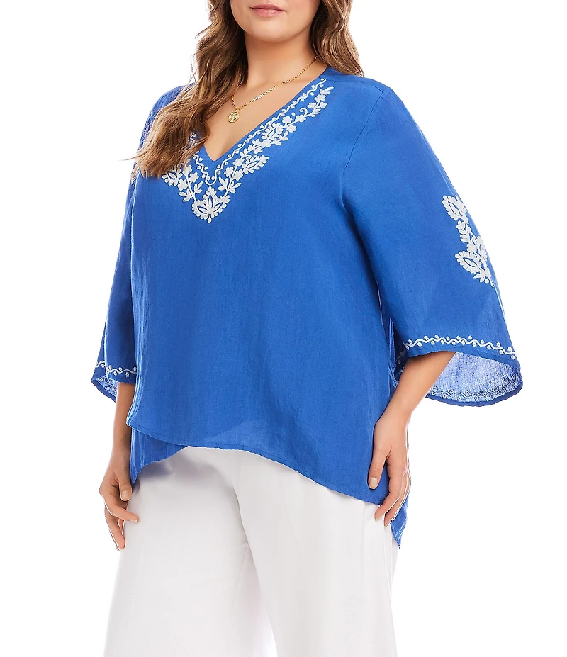 Karen Kane Plus Size Linen-Blend Embroidered Asymmetrical Top