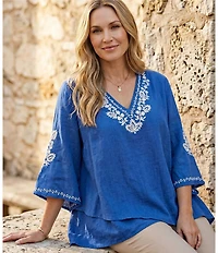 Karen Kane Plus Size Linen-Blend Embroidered Asymmetrical Top