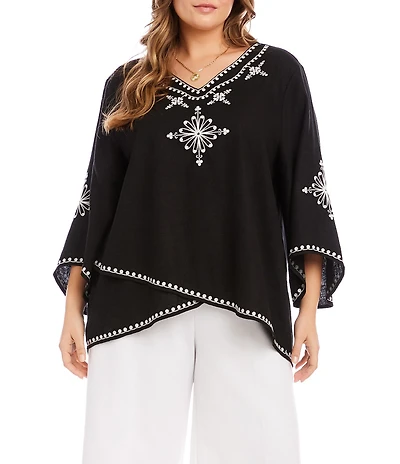 Karen Kane Plus Size Linen-Blend Embroidered Asymmetrical Top