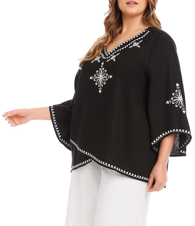 Karen Kane Plus Size Linen-Blend Embroidered Asymmetrical Top