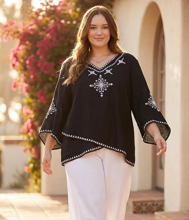 Karen Kane Plus Size Linen-Blend Embroidered Asymmetrical Top