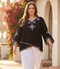 Karen Kane Plus Size Linen-Blend Embroidered Asymmetrical Top