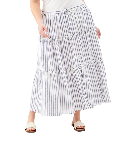Karen Kane Plus Size Linen-Blend Stripe A-Line Tiered Midi Pull-On Coordinating Skirt