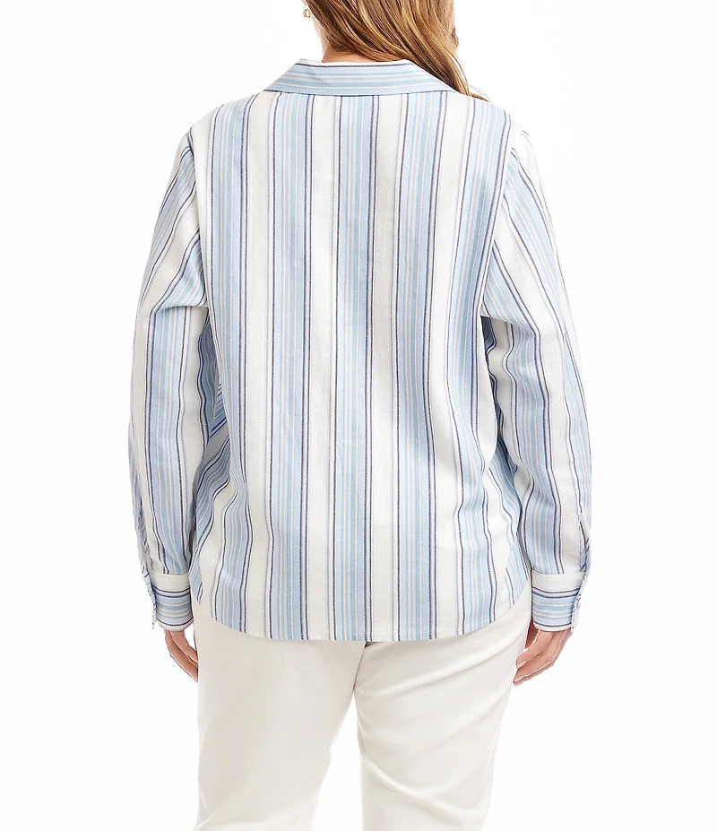 Karen Kane Plus Size Linen-Blend Striped Collared Long Sleeve Lace-Up Top
