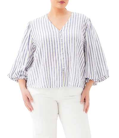 Karen Kane Plus Size Linen-Blend V-Neck 3/4 Layered Sleeve Button Front Coordinating Shirt