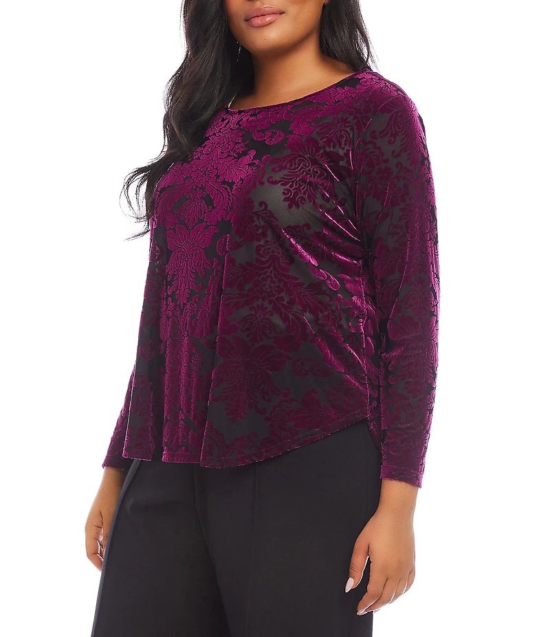 Karen Kane Plus Size Long Sleeve Velvet Burnout Shirttail Top