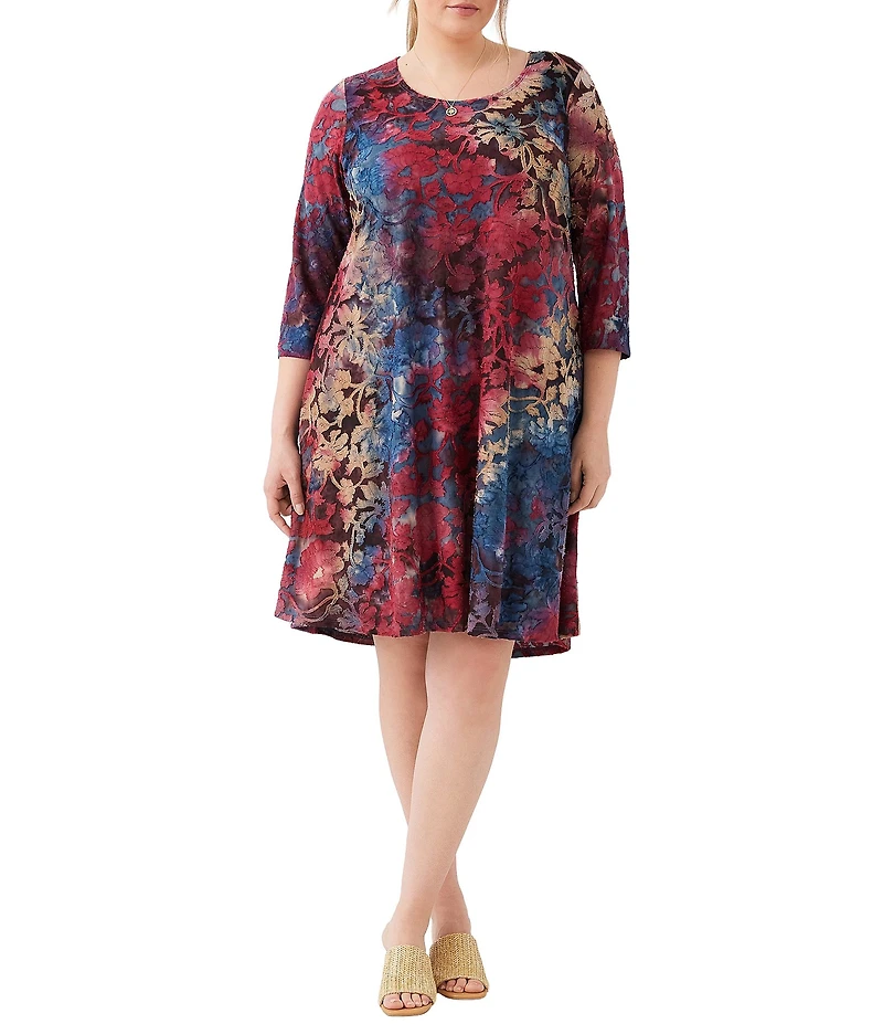 Karen Kane Plus Size Maggie Floral Tie-Dye Burnout Scoop Neck 3/4 Sleeve Dress